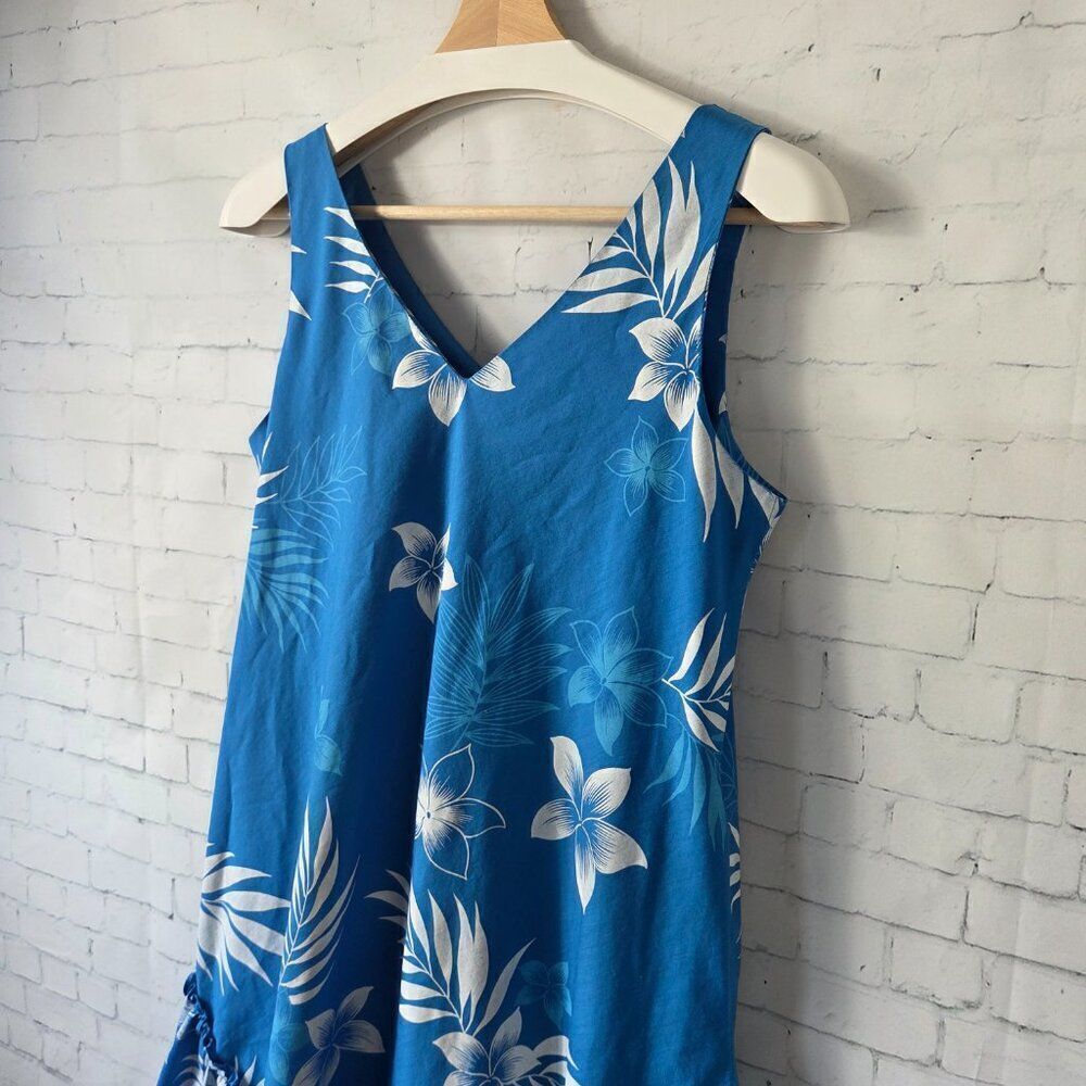 Royal Creations Hawaiian Dress Size S Blue Floral Ruffle V-Neck Vintage Hawaii - Picture 6 of 8